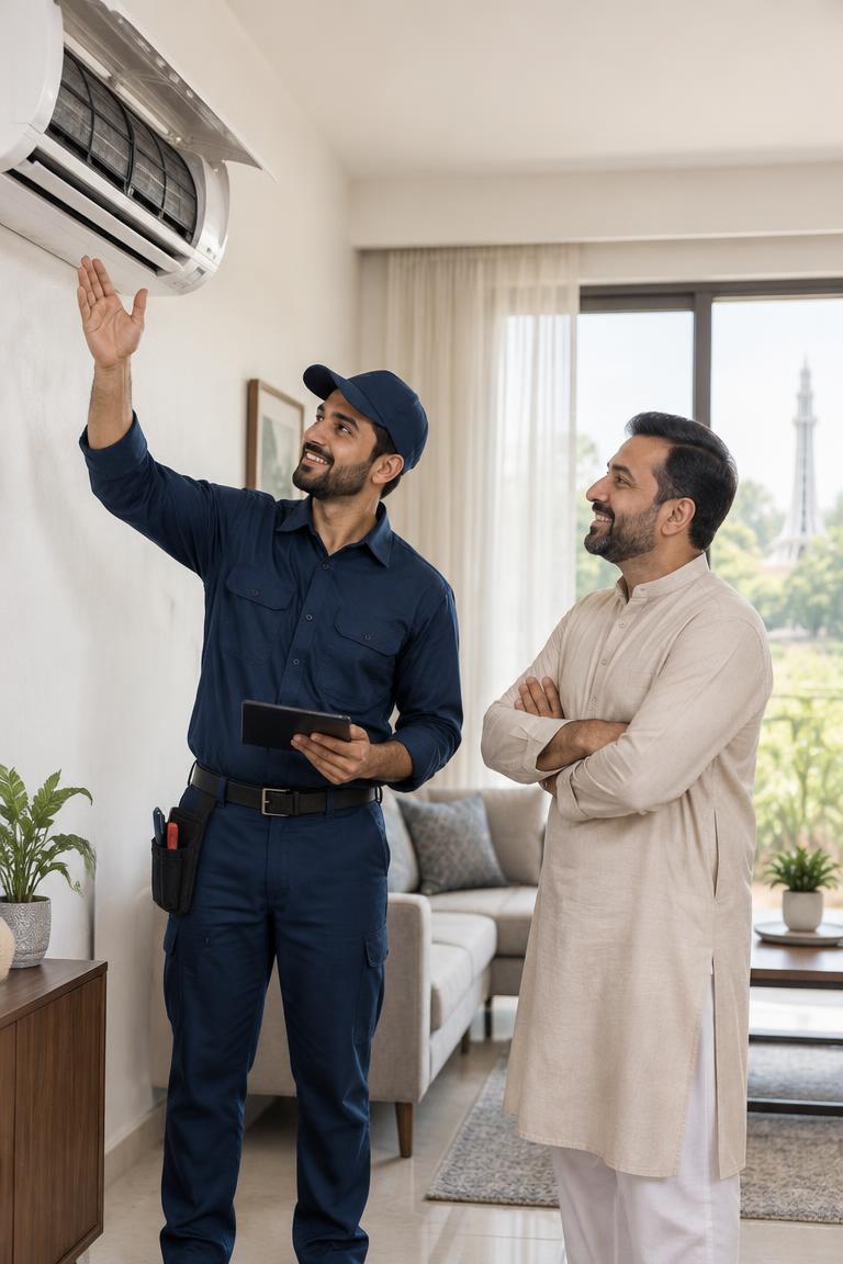 Modern Cool technician with a Lahore homeowner